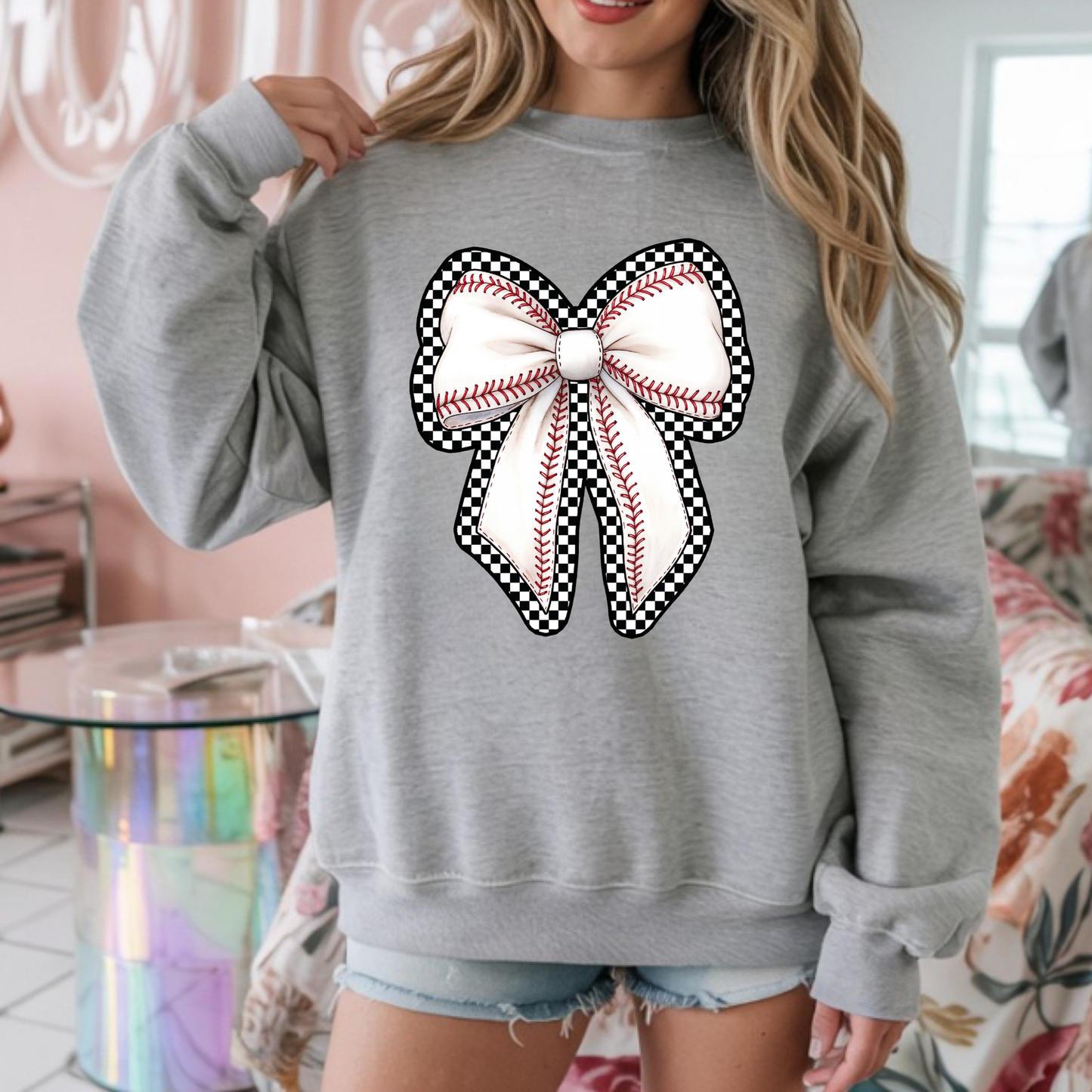 Checkered Baseball Bow Shirt/Sweatshirt